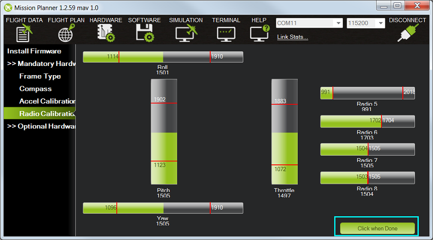 Radio Calibrate Done Mission Planner